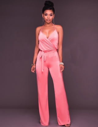 Pink Wide Leg Halter Jumpsuit