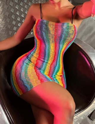 Rainbow Colorful Off Shoulder Sleeveless Fishnet Bodystocking