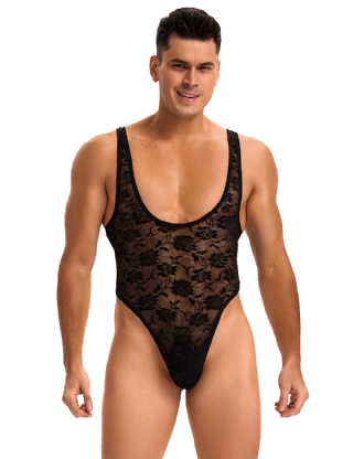 Black Men Sexy Low Cut Lace Bodysuit