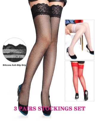 3 Pairs Set Sexy Small Mesh Lace Silicone Stockings With Lid And Base Gift Box