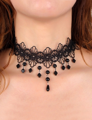 Black Sexy Hollow Lace Floral Bead Pendant Necklace