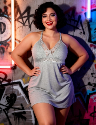 Gray Sexy Modal Lace Deep V Neck Suspender Nightdress