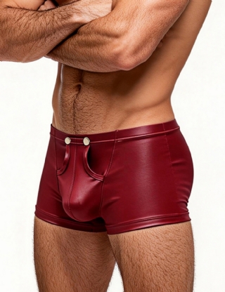 Burgundy Sexy Faux Leather Men's Open-Crotch Briefs