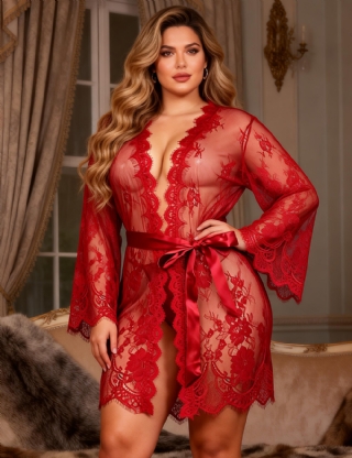 Sexy Plus Size Long Sleeve Eyelash Lace Short Red Sleepwear With Thong