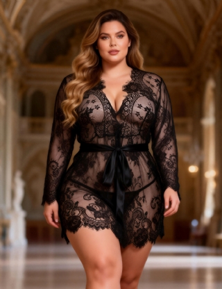 Plus Size Black Eyelash Lace Sleepwear Lingerie