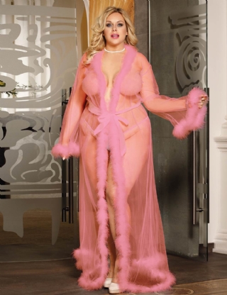 Sexy Plush Edging Mesh Plus Size Robe Pink With Belt
