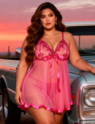 Pink See-through Plus Size Nightdress Sexy Rhinestone Sleepwear