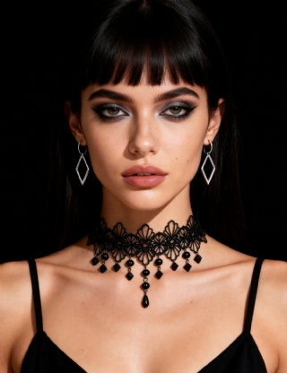 Black Sexy Hollow Lace Floral Bead Pendant Necklace