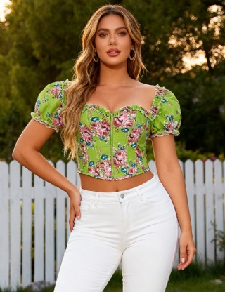 8 Pieces Plastic Bones Green Sexy Puff Sleeves Printed Palace Style Corset